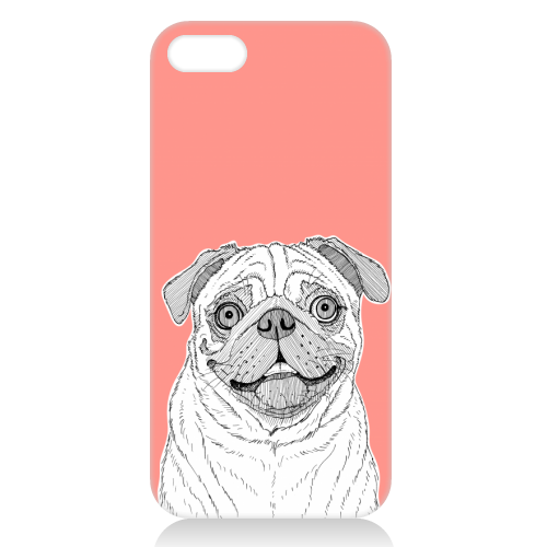 Pug Dog Portrait ( coral background ) - unique phone case by Adam Regester