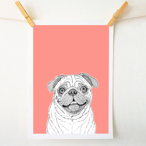 Pug Dog Portrait ( coral background ) - A1 - A4 art print by Adam Regester