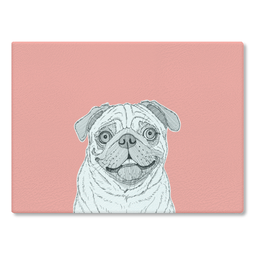 Pug Dog Portrait ( coral background ) - glass chopping board by Adam Regester