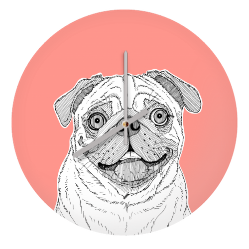 Pug Dog Portrait ( coral background ) - quirky wall clock by Adam Regester