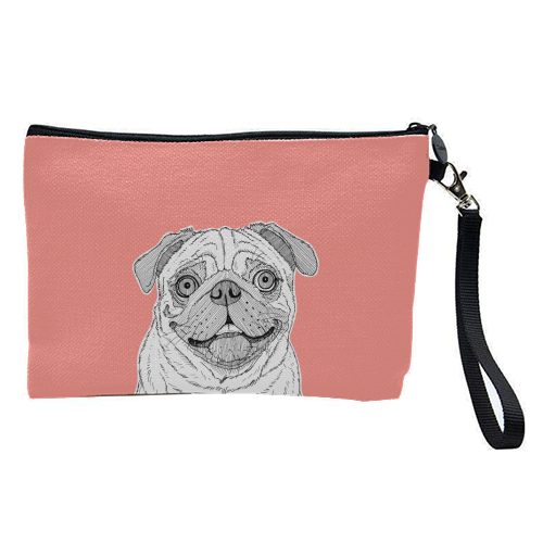 Pug Dog Portrait ( coral background ) - pretty makeup bag by Adam Regester