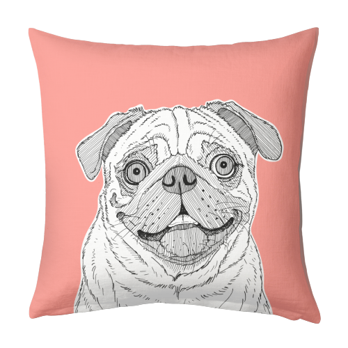 Pug Dog Portrait ( coral background ) - designed cushion by Adam Regester
