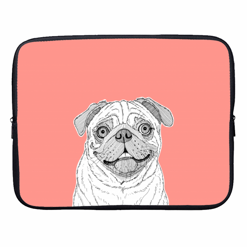 Pug Dog Portrait ( coral background ) - designer laptop sleeve by Adam Regester