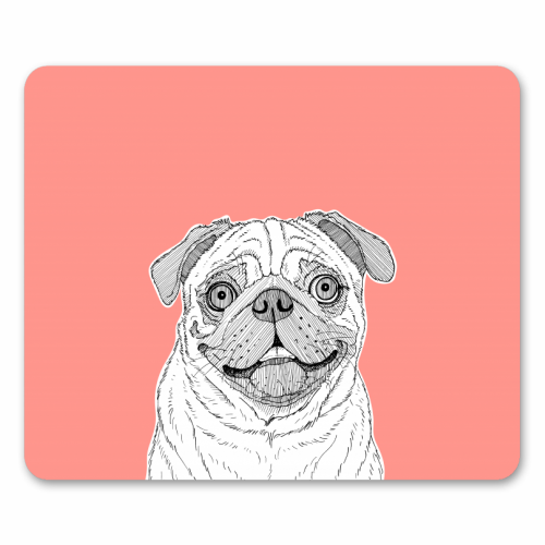 Pug Dog Portrait ( coral background ) - funny mouse mat by Adam Regester