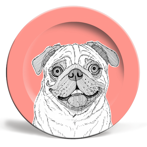 Pug Dog Portrait ( coral background ) - ceramic dinner plate by Adam Regester