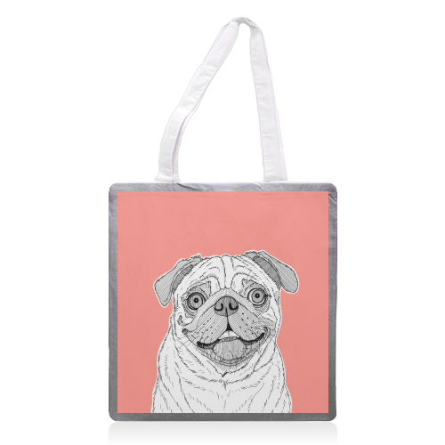 Pug Dog Portrait ( coral background ) - printed tote bag by Adam Regester