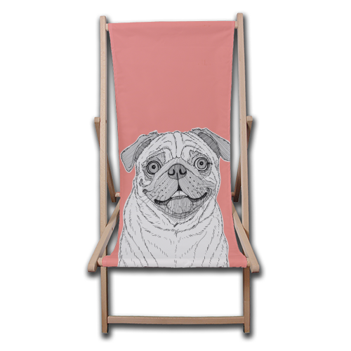 Pug Dog Portrait ( coral background ) - canvas deck chair by Adam Regester