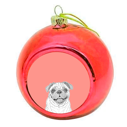 Pug Dog Portrait ( coral background ) - colourful christmas bauble by Adam Regester
