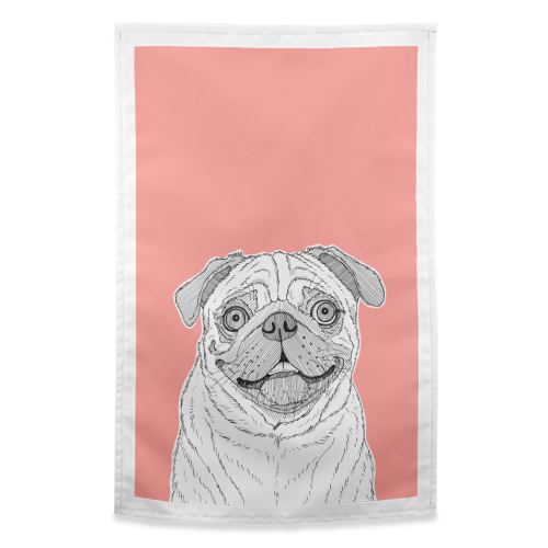 Pug Dog Portrait ( coral background ) - funny tea towel by Adam Regester