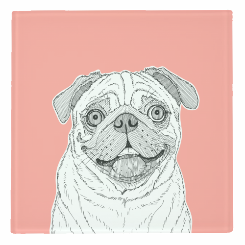 Pug Dog Portrait ( coral background ) - personalised beer coaster by Adam Regester