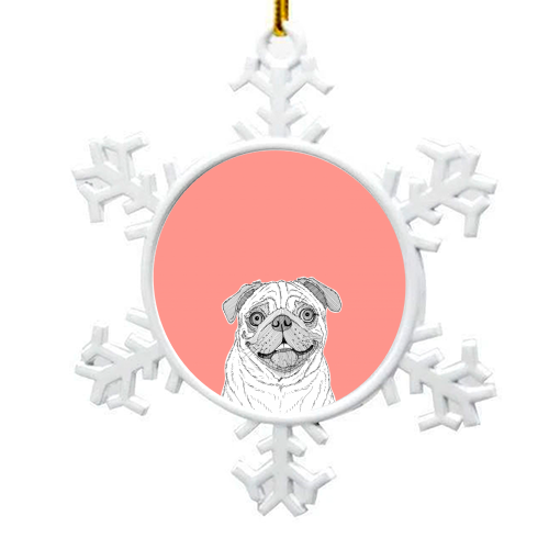 Pug Dog Portrait ( coral background ) - snowflake decoration by Adam Regester