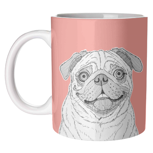 Pug Dog Portrait ( coral background ) - unique mug by Adam Regester