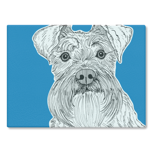 Schnauzer Dog Portrait ( blue background ) - glass chopping board by Adam Regester