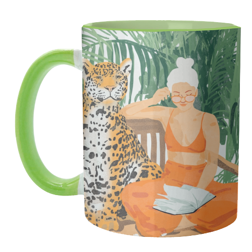 Jungle Vacay | Modern Bohemian Blonde Woman Tropical Travel | Leopard Wildlife Forest Reader - unique mug by Uma Prabhakar Gokhale