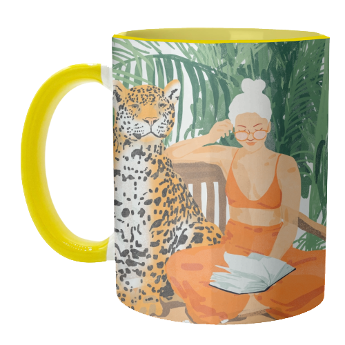 Jungle Vacay | Modern Bohemian Blonde Woman Tropical Travel | Leopard Wildlife Forest Reader - unique mug by Uma Prabhakar Gokhale