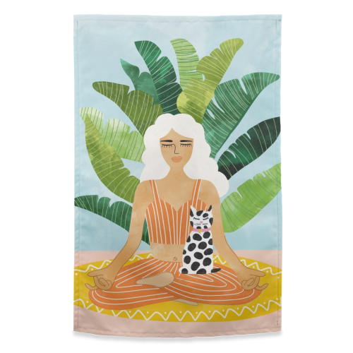 Meditation With Thy Cat - funny tea towel by Uma Prabhakar Gokhale