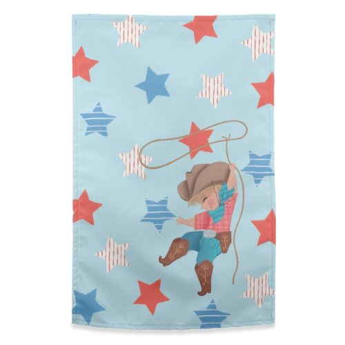 Young Cowboy Playing with his Lasso - funny tea towel by Tina Macnaughton