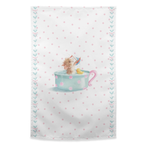 Tifft Mouse taking a Teacup Bath - Pink Dots - funny tea towel by Tina Macnaughton
