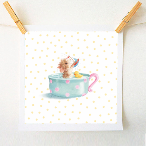 Tiffy Mouse Taking a Teacup Bath - Yellow Dots - A1 - A4 art print by Tina Macnaughton