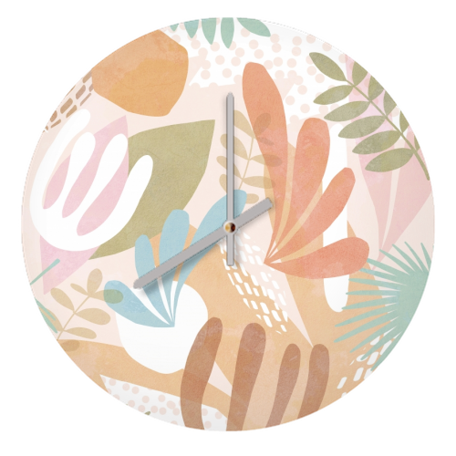 "Tropical Boho Jungle Pattern 1 Peach, Pink, turquoise" - quirky wall clock by Dominique Vari