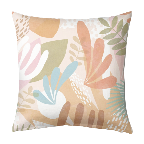"Tropical Boho Jungle Pattern 1 Peach, Pink, turquoise" - designed cushion by Dominique Vari