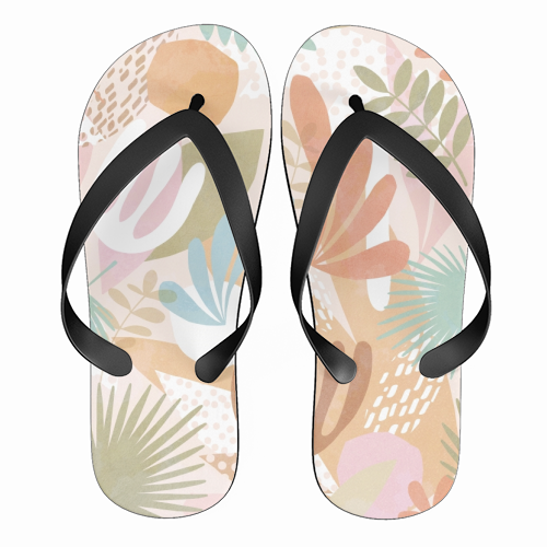 "Tropical Boho Jungle Pattern 1 Peach, Pink, turquoise" - funny flip flops by Dominique Vari