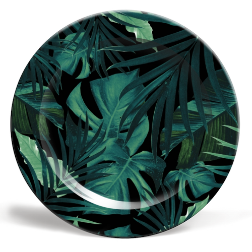 Tropical Jungle Night Leaves Pattern #1 #tropical #decor #art - ceramic dinner plate by Anita Bella Jantz