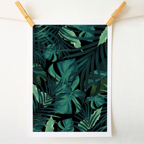 Tropical Jungle Night Leaves Pattern #1 #tropical #decor #art - A1 - A4 art print by Anita Bella Jantz