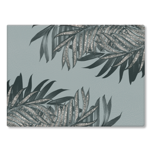 Gray Black Palm Leaves with Rose Gold Glitter #5 #tropical #decor #art - glass chopping board by Anita Bella Jantz