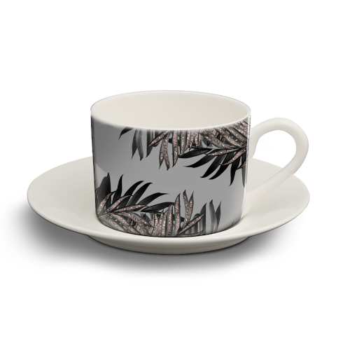Gray Black Palm Leaves with Rose Gold Glitter #5 #tropical #decor #art - personalised cup and saucer by Anita Bella Jantz
