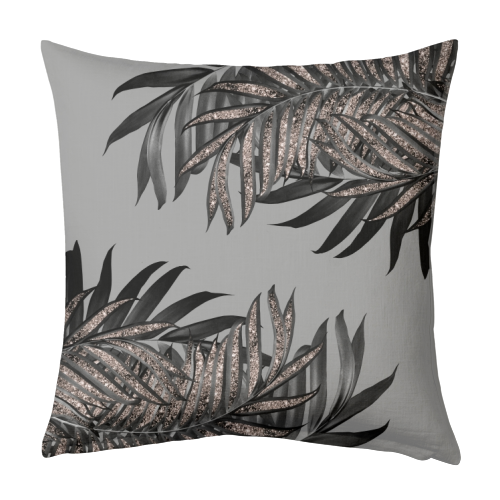 Gray Black Palm Leaves with Rose Gold Glitter #5 #tropical #decor #art - designed cushion by Anita Bella Jantz