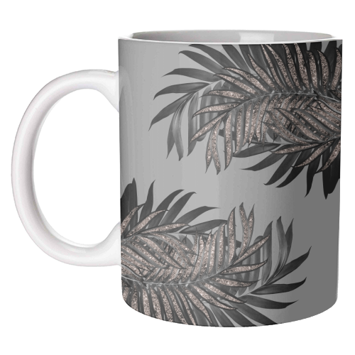 Gray Black Palm Leaves with Rose Gold Glitter #5 #tropical #decor #art - unique mug by Anita Bella Jantz