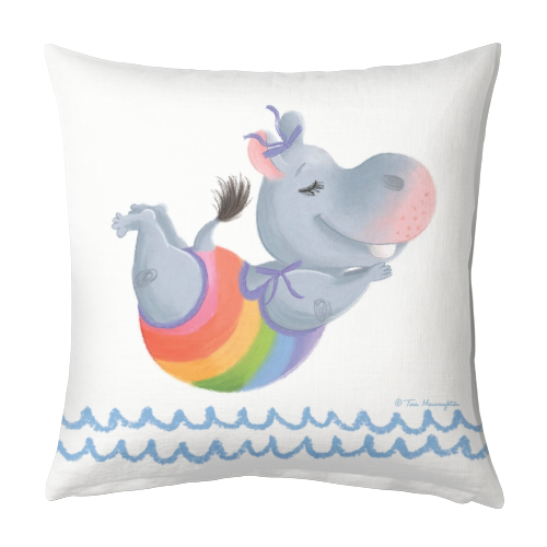 Little Rainbow Hippo Happiness - designed cushion by Tina Macnaughton