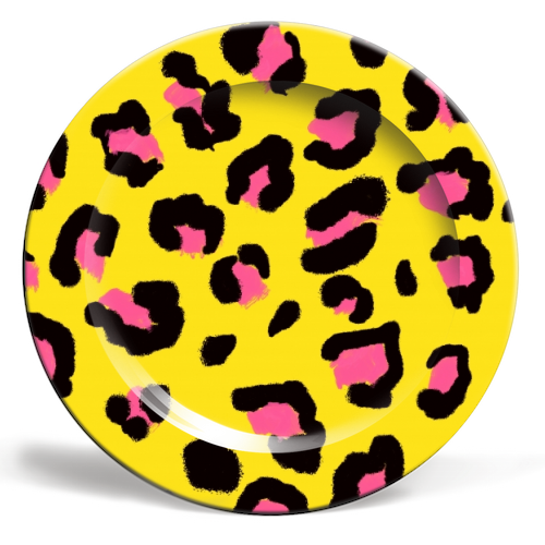 Leopard print yellow and pink - ceramic dinner plate by Cheryl Boland