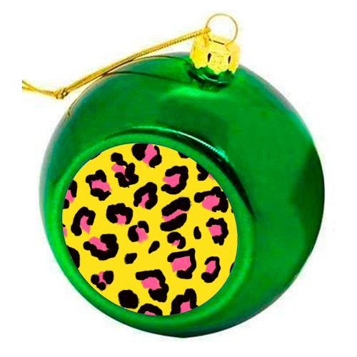 Leopard print yellow and pink - colourful christmas bauble by Cheryl Boland