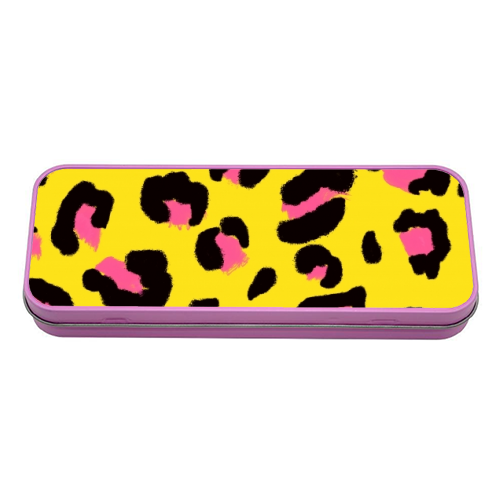 Leopard print yellow and pink - tin pencil case by Cheryl Boland