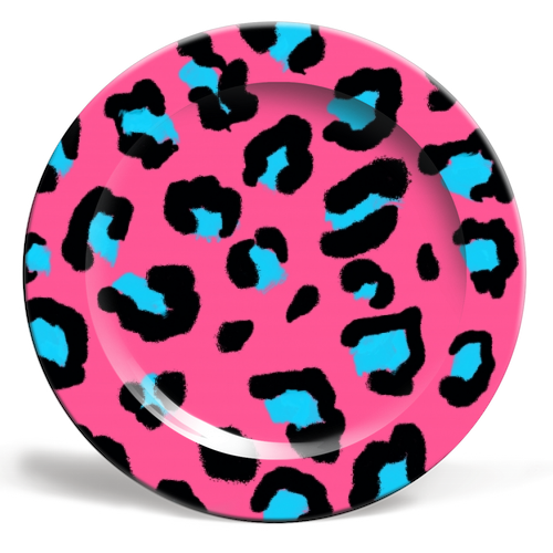 Leopard print pink and blue - ceramic dinner plate by Cheryl Boland