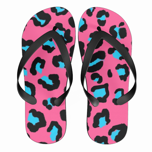 Leopard print pink and blue - funny flip flops by Cheryl Boland