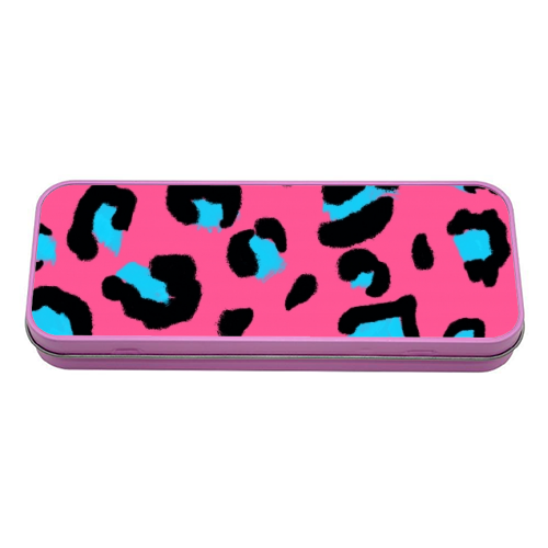 Leopard print pink and blue - tin pencil case by Cheryl Boland