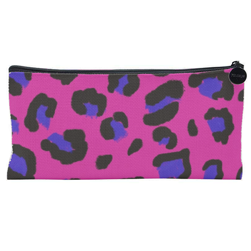 Leopard print magenta and navy - flat pencil case by Cheryl Boland