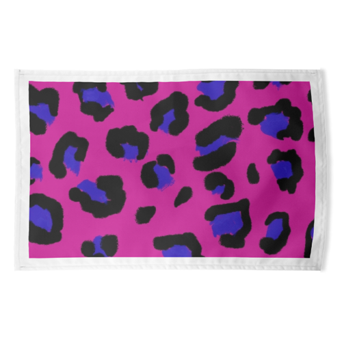 Leopard print magenta and navy - funny tea towel by Cheryl Boland