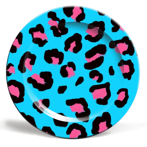 Leopard print blue and pink - ceramic dinner plate by Cheryl Boland