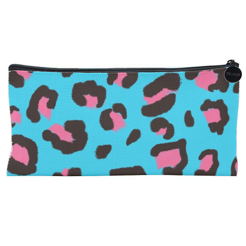 Leopard print blue and pink - flat pencil case by Cheryl Boland