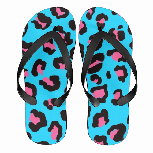 Leopard print blue and pink - funny flip flops by Cheryl Boland