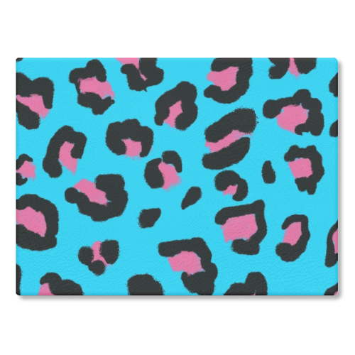 Leopard print blue and pink - glass chopping board by Cheryl Boland