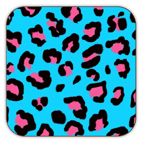 Leopard print blue and pink - personalised beer coaster by Cheryl Boland