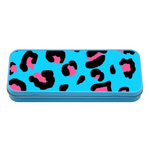 Leopard print blue and pink - tin pencil case by Cheryl Boland