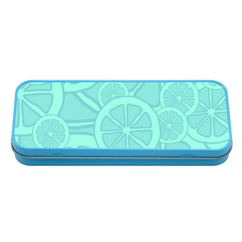 Blue fruit slices - tin pencil case by Cheryl Boland