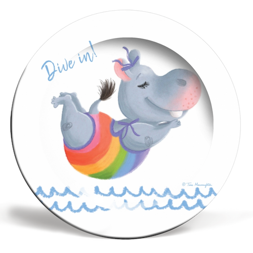 Little Rainbow Hippo Diving In - ceramic dinner plate by Tina Macnaughton