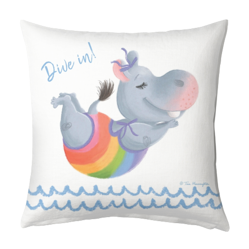 Little Rainbow Hippo Diving In - designed cushion by Tina Macnaughton